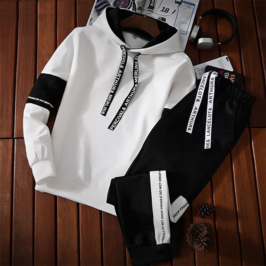 High Quality Men's Hooded Tracksuit Set - Black/White - Winter Sale