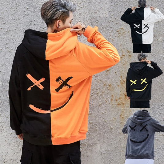 Happy Smile Print Patchwork Hoodie Sweatshirt